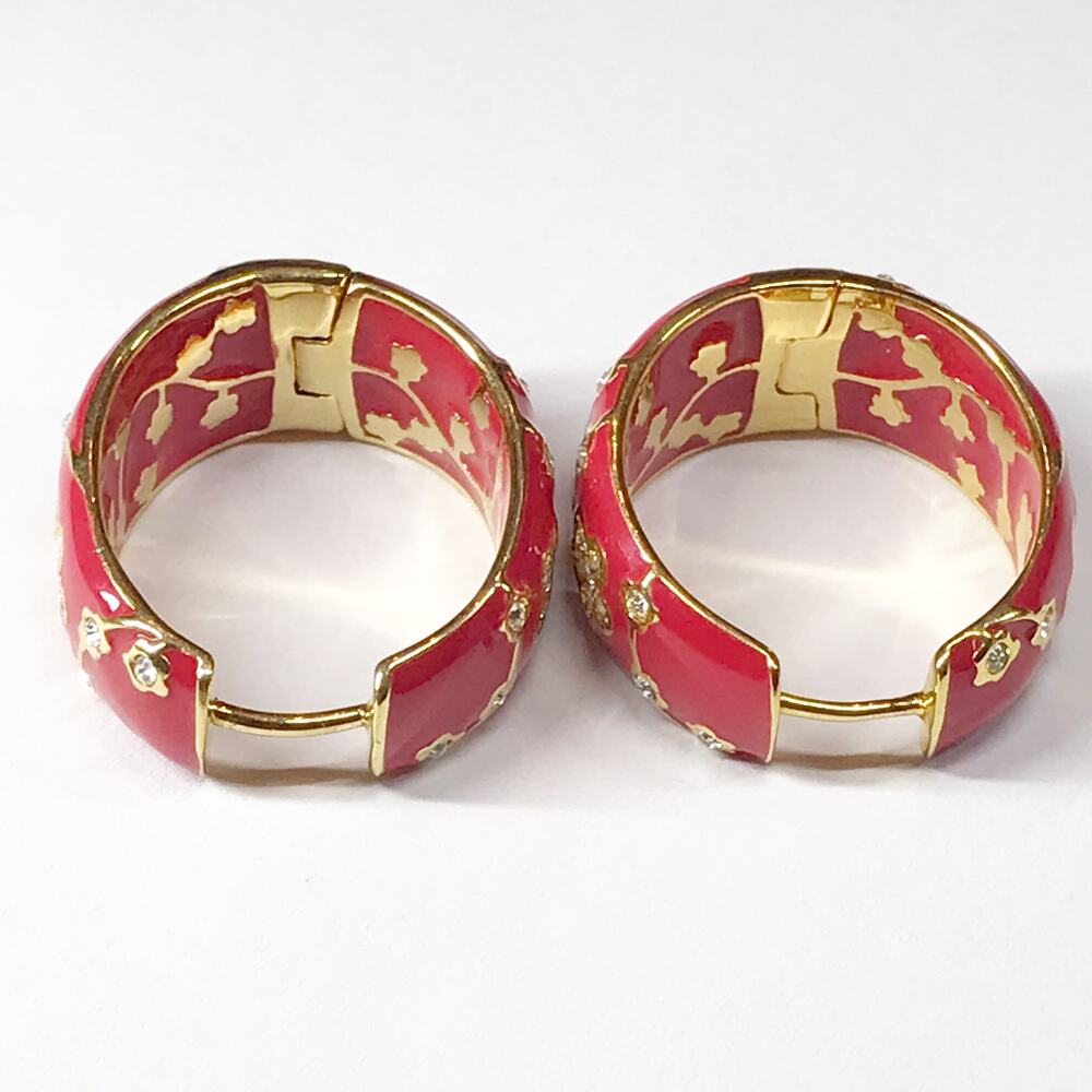 Lauren G Adams LGA Dome Tapered Hoop Earrings Gold Plated Red Enamel Rhinestone - Picture 8 of 12